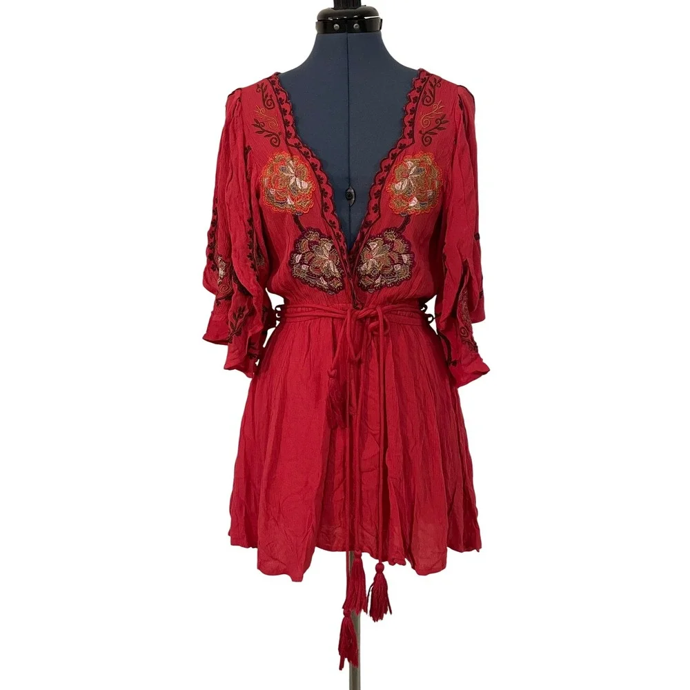 Free People Red Cora Dress Embroidered Split Sleeve Mini Fairy Festival Boho‎ XS